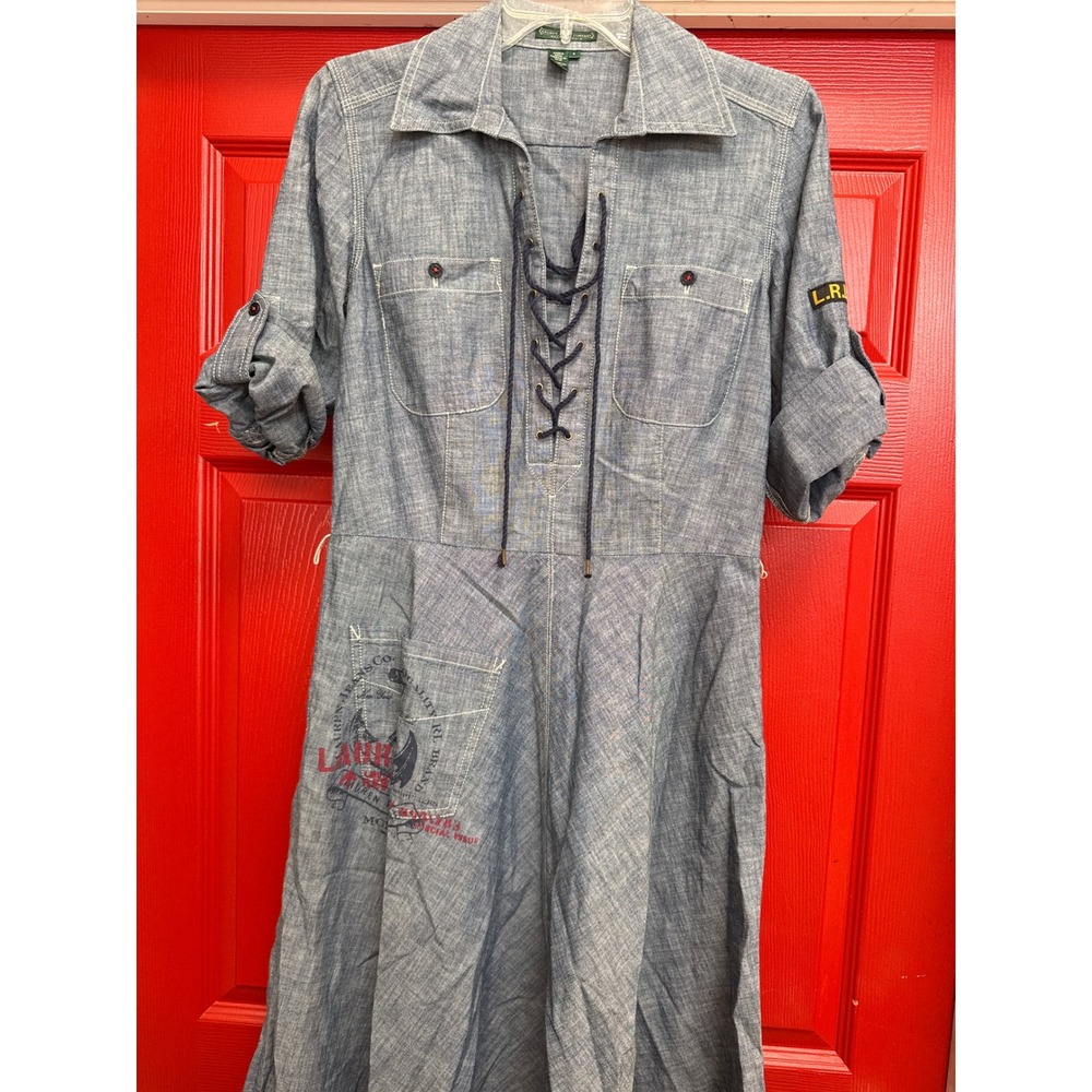 Lauren Ralph Lauren Chambray Lace Up Nautical Anchor Shirt Dress Blue Size 4